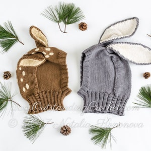 Set: Bunny and Deer Hat Knitting PATTERNS - Kids and Adult Sizes - Baklava Helmet Coverall Hats - PDFs