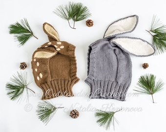 Set: Bunny and Deer Hat Knitting PATTERNS - Kids and Adult Sizes - Baklava Helmet Coverall Hats - PDFs