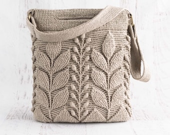 Spica Crochet Bag PATTERN - Women Textured Cables with 3D-Leaves Handbag, Purse, Cross-Body (PDF)