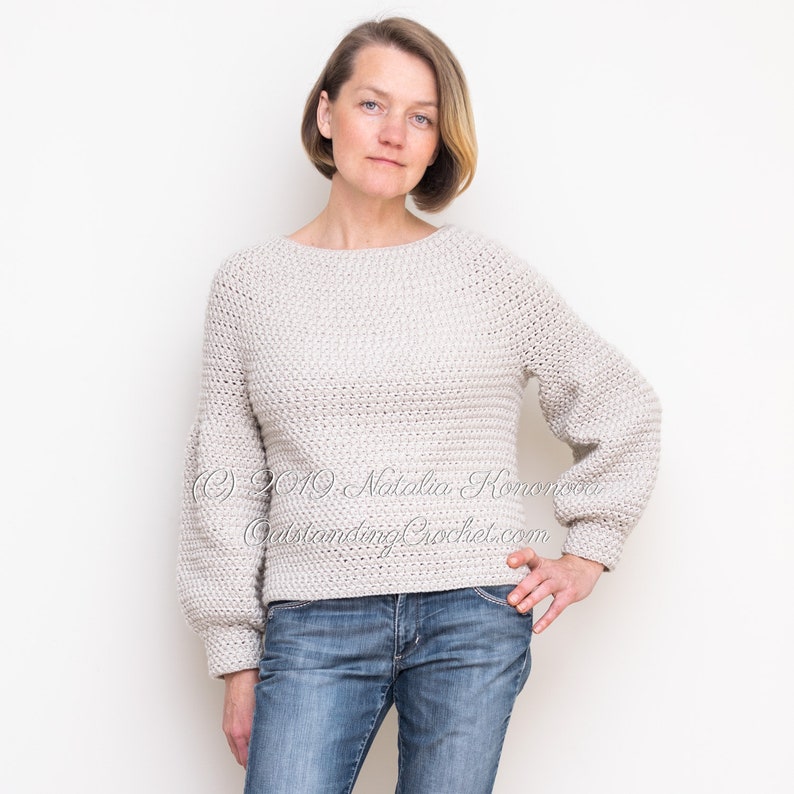 Crochet Sweater PATTERN - Primrose - Women Pullover, Jumper with Balloon Puffed Sleeves and Flower Applique