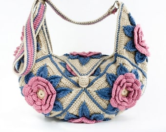Flower Bag Crochet Pattern - Women Cross-body - Floral Square Motifs - Hippie Boho Style (PDF)