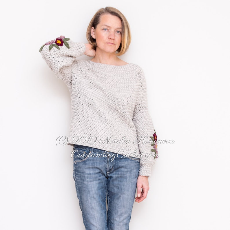 Crochet Sweater PATTERN - Primrose - Women Pullover, Jumper with Balloon Puffed Sleeves and Flower Applique