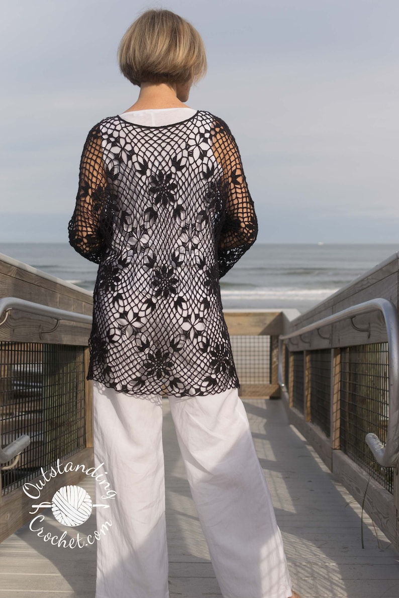 Bohemia Tunic / Dress crochet pattern made with joined-as-you -go square lace motifs. Choose between 3 lengths and 3 necks (v, scoop, boat).