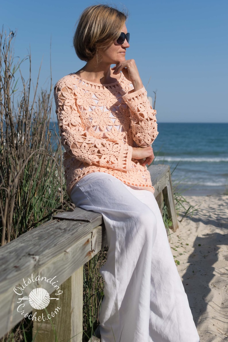 Crochet Sweater PATTERN - Coral - Women Summer Top, Pullover, Jumper - Long Sleeve - Plus Sizes - Crochet Lace