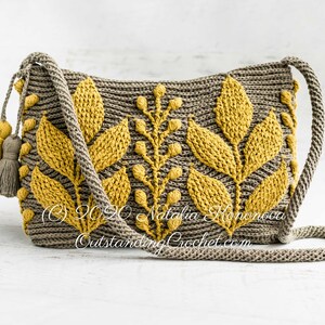 Crochet bag pattern: shoulder, cross-body embossed crochet multicolored bag with 3D leaves and branches, embellished by tassels and spiral cord strap.