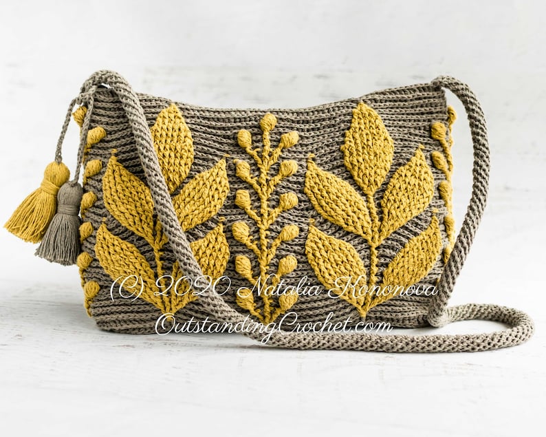 Capsella Crochet Bag PATTERN Small Women Purse, Shoulder, Cross-body, Messenger, 3D Embossed, Textured Cabled Leaf, Boho Video Charts image 3