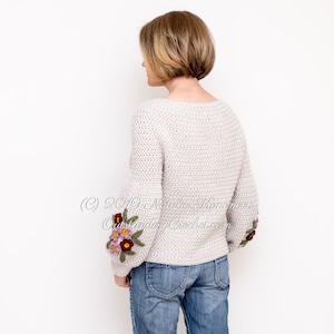 Crochet Sweater PATTERN - Primrose - Women Pullover, Jumper with Balloon Puffed Sleeves and Flower Applique