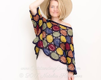 Crochet PATTERN - Off Shoulder Top, Sweater, Pullover - Gems - Oversized, Seamless, Multicolored Boho Chic, S to 2X  - PDF