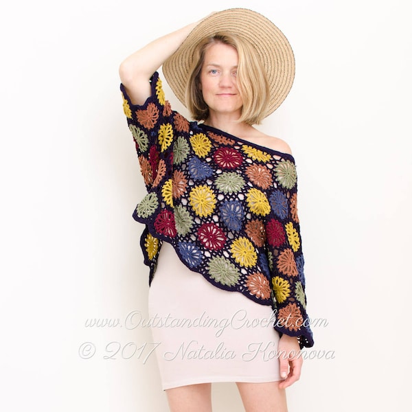 WZÓR NA SZYDEŁKOWĄ KORONKĘ - Sweter z odkrytymi ramionami Gems, Pullover - Oversize, Bezszwowy, Wielokolorowe motywy, Rozmiary od S do 2X - PDF