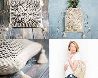 Crochet PATTERNS Set: Drawstring Bag & Throw Pillow - Lotus Lace Backpack and Cushion - Home Decor - Retro, Boho Chic - PDF