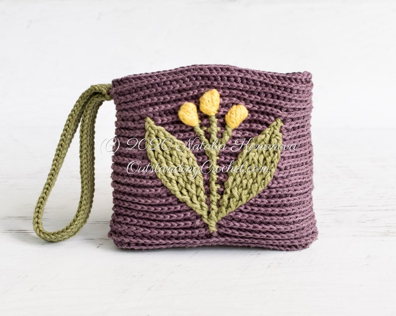 Crochet pattern set: Meadow embossed crochet clutch and wallet/ coin purse with branches and flowers.