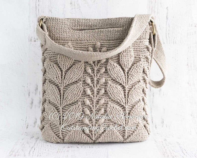 Crochet Bag Pattern: Embossed crochet shoulder, cross-body, hand-bag with branches and leaves.