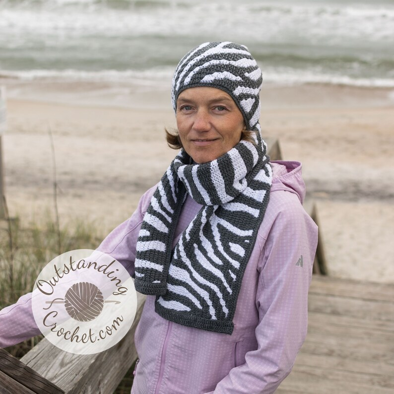 Crochet Hat and Scarf PATTERN Zebra Print Women Beanie And Scarf Set Overlay Mosaic Crochet Written, Videos, Charts PDF image 1