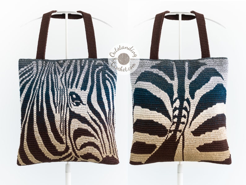 Mosaic Crochet Bag and Pillow: Zebra shoulder tote bag, cushion featuring zebra on both sides.