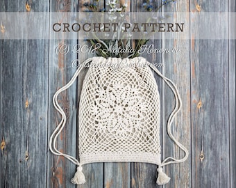 Crochet Bag PATTERN - Drawstring Backpack - White Lotus - Shoulder, Tassels - Net Mesh Boho Chic, Seamless, Charts, Video - PDF