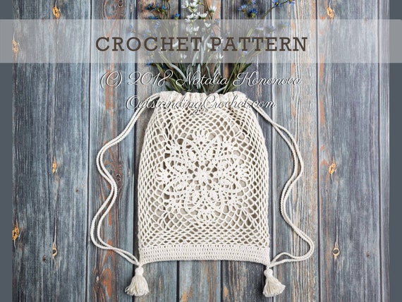 Crochet Bag PATTERN - Drawstring Backpack - White Lotus  display picture 2