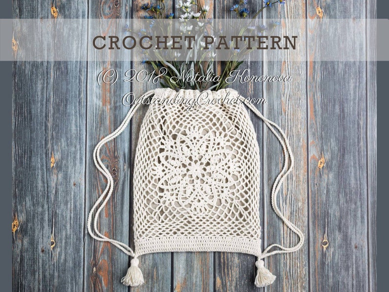 Crochet bag pattern: Lotus lace drawstring backpack with beautiful lace motifs on moth sides and fabric lining, decorated with tassels.