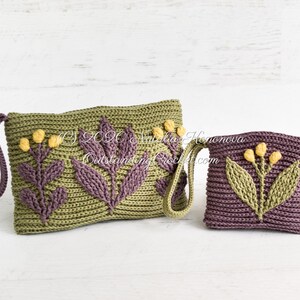 Crochet pattern set: Meadow embossed crochet clutch and wallet/ coin purse with branches and flowers.