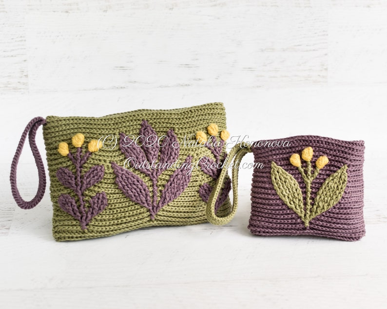 Crochet pattern set: Meadow embossed crochet clutch and wallet/ coin purse with branches and flowers.