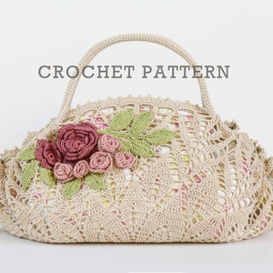Häkelanleitung für Geldbörse Tasche - Tea Rose - Spitzendeckchen Handtasche mit 3D Blumen und Blättern Irische Häkelmotive Verzierung - PDF