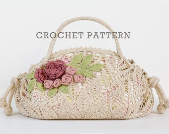 Crochet Bag PATTERN - Tea Rose Handbag - Crochet Doily Elegant Purse with Flowers and Leaves Irish Crochet Motifs Embellishment - PDF