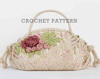 MOTIF de sac au crochet - sac à main rose thé - napperon au crochet élégant sac à main avec fleurs et feuilles embellissement de motifs au crochet irlandais - PDF