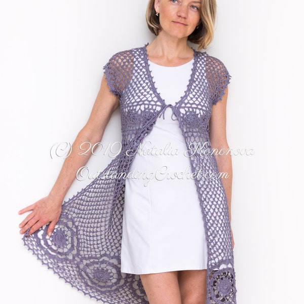 Crochet Top PATTERN - Twilight - Women Long Vest - Plus Sizes - Bohemian Lace Cardigan - Graphs, Step Pictures - PDF