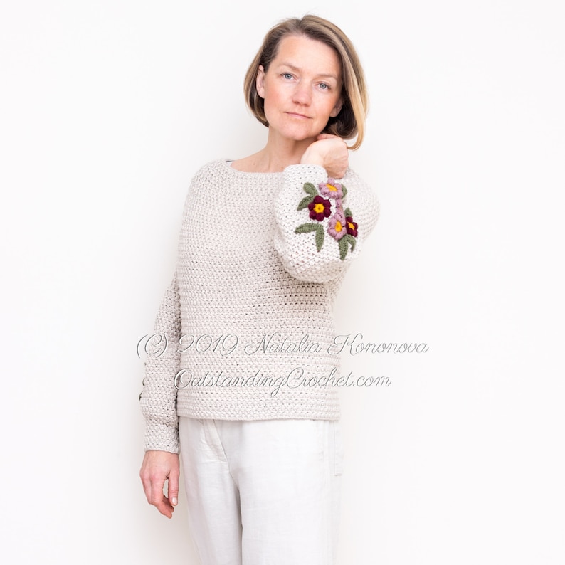 Crochet Sweater PATTERN - Primrose - Women Pullover, Jumper with Balloon Puffed Sleeves and Flower Applique