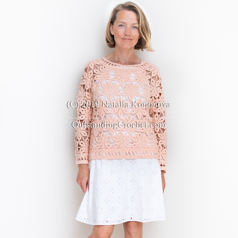 Crochet Sweater PATTERN - Coral - Women Summer Top, Pullover, Jumper - Long Sleeve - Plus Sizes - Crochet Lace