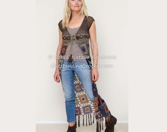 Crochet Top PATTERN - Women Long Fringed Hippie Vest, Summer Cardigan - Lace - Granny Squares - Multicolored Boho Chic Style - PDF