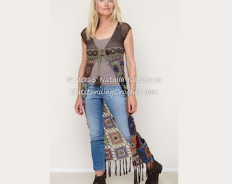 Crochet Cardigan PATTERN - Women top, Granny square long cardigan, Summer lace vest with fringes - Multicolored boho hippy style - PDF