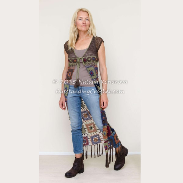 Gehaakt Top PATROON - Dames Hippie Vest met lange franjes, Zomervest - Kant - Omavierkanten - Veelkleurige Boho Chic Stijl - PDF