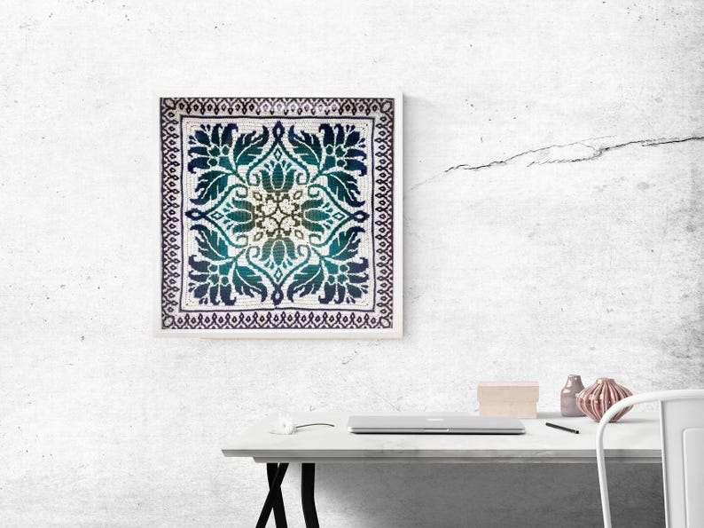 Petalique Pillows mosaic crochet pattern: smaller without a border and larger with a border. Made from the center without any tails to hide.  Features delicate flowers and leaves on the front with a plain back. Can be made as a wall hanging.