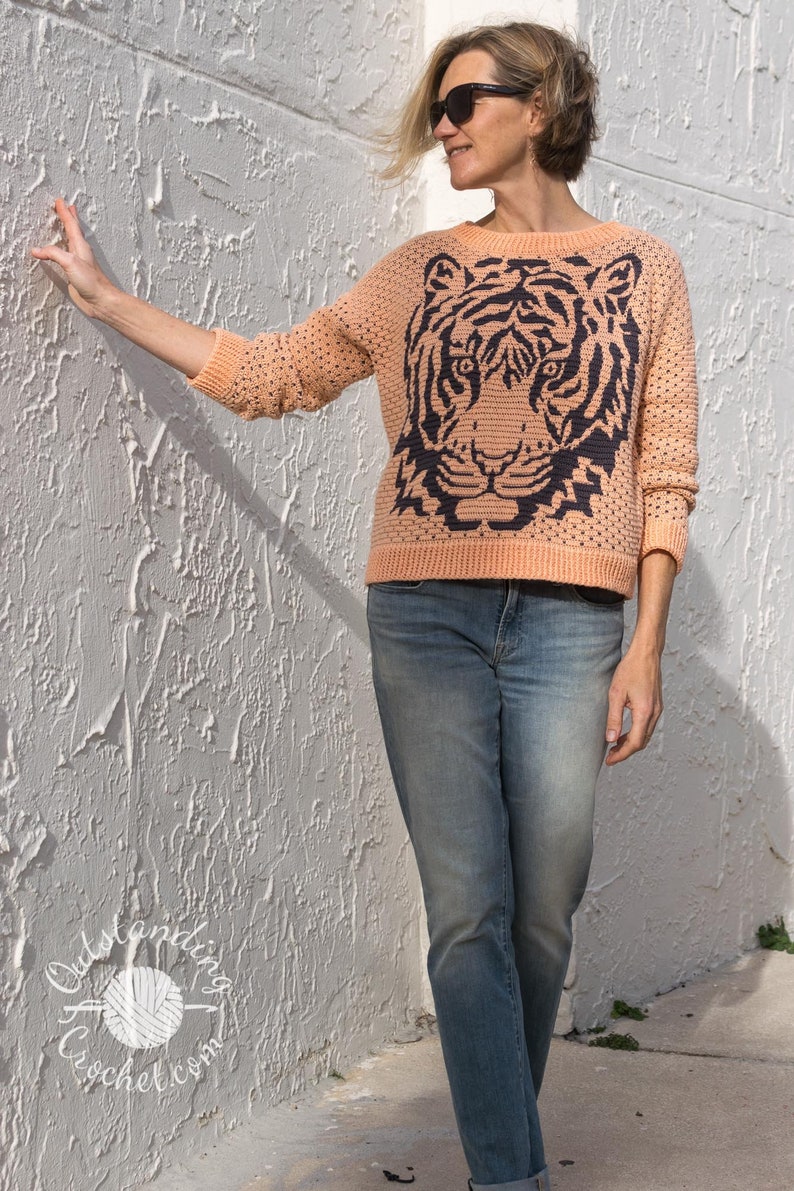 Tiger Sweater Crochet PATTERN - Overlay Mosaic Pullover, Jumper - Crew Neck - from Small to plus size 3X - Oversized Loose Fit