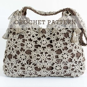 Crochet pattern: Window Frost crochet lace shoulder bag made with joined as you go motifs and solid inner bag. Decorated with a drawstring at the upper edge and tassels.