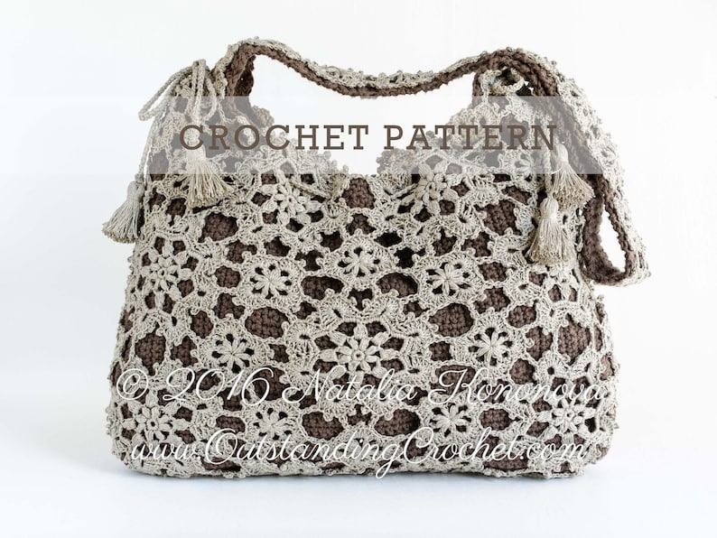 Crochet pattern: Window Frost crochet lace shoulder bag made with joined as you go motifs and solid inner bag. Decorated with a drawstring at the upper edge and tassels.