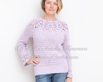 Berries Sweater / Top Crochet PATTERN - Women Yoke Pullover - Embossed 3D Leaves (PDF)