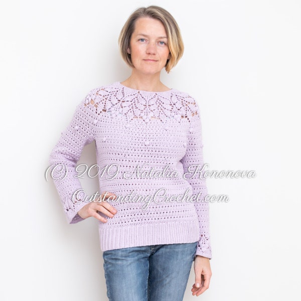 Crochet Sweater PATTERN - Berries Yoke - Women pullover, top, jumper - From the top down sweater - Embossed crochet - 3D Leaf - PDF