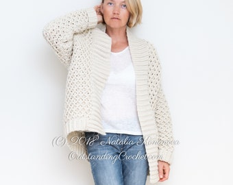 Crochet Cardigan PATTERN - Diamond Cable - Women Sweater, Chunky Jacket, Small to Plus Sizes, Oversized, Graph, Step pictures - PDF