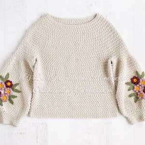 Crochet Sweater PATTERN - Primrose - Women Pullover, Jumper with Balloon Puffed Sleeves and Flower Applique