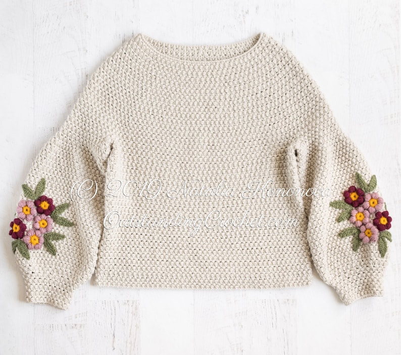 Crochet Sweater PATTERN - Primrose - Women Pullover, Jumper with Balloon Puffed Sleeves and Flower Applique