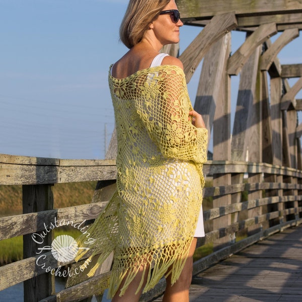 Garden Bohemia Crochet Cardigan PATTERN - Femmes Summer Lace Maxi Top - Beach Cover Up - Boho Robe - Open Front Fringed Hippie Duster - PDF