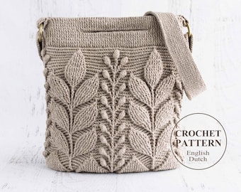 Embossed Crochet Bag PATTERN - Spica - Women handbag, purse, shoulder, cross-body, messenger - 3D Leaf - English and Dutch haakpatroon - PDF