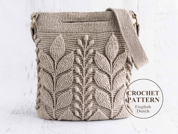 Embossed Crochet Bag PATTERN - Spica - Women handbag, purse, shoulder, cross-body, messenger - 3D Leaf - English and Dutch haakpatroon - PDF