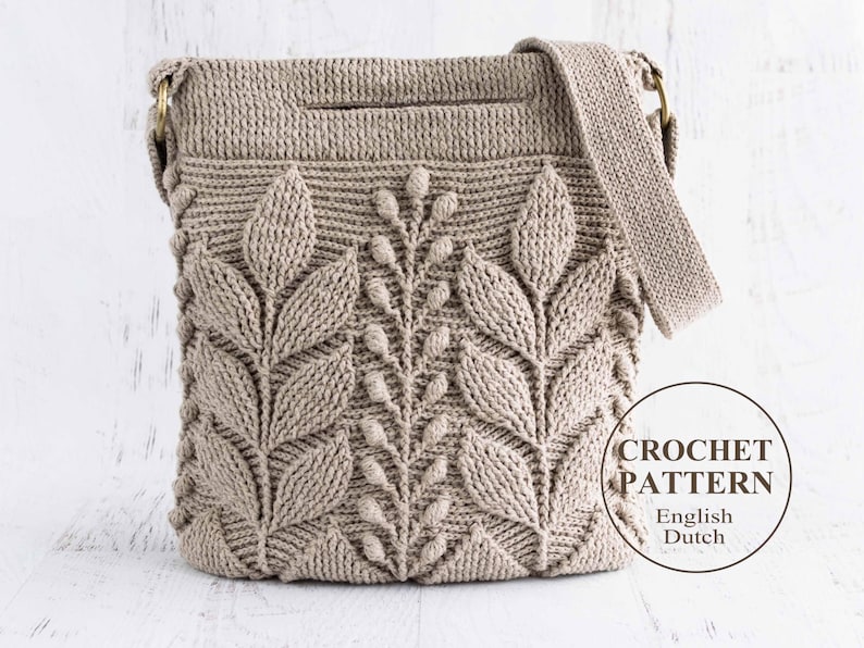 Crochet Bag Pattern: Unique embossed crochet shoulder-bag, cross-body bag, hand-bag with 3D branches and leaves.