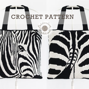 Könnte beinhalten: Häkelmuster für eine schwarz-weiße Zebra-Tragetasche. Die Tasche hat zwei Henkel und ist mit einer festen Masche gearbeitet.
