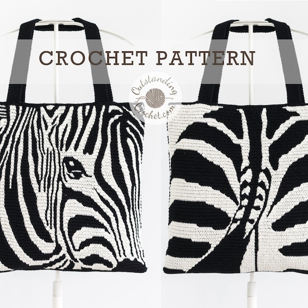 Motif crochet en mosaïque avec sac zèbre - oreiller, coussin - sac fourre-tout - sac à bandoulière - superposition d'animal en mosaïque au crochet - Haakpatroon - PDF