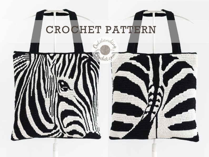 Mosaic Crochet Bag and Pillow: Zebra shoulder tote bag, cushion featuring zebra on both sides.