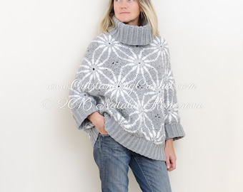 Crochet Sweater PATTERN - Polar Star - Women Pullover, Jumper, Poncho - Plus Sizes - Oversized, Cowl Collar - Small to 2X - Charts, PDF