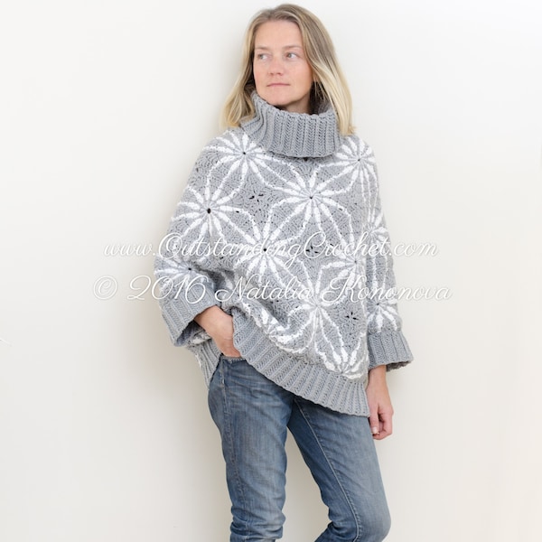 Crochet Sweater PATTERN - Polar Star - Women Pullover, Jumper, Poncho - Plus Sizes - Oversized, Cowl Collar - Small to 2X - Charts, PDF